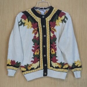 Vintage Orvis Cardigan Sweater Maple Leaf Fall Autumn‎ Chunky Knit Women's Large